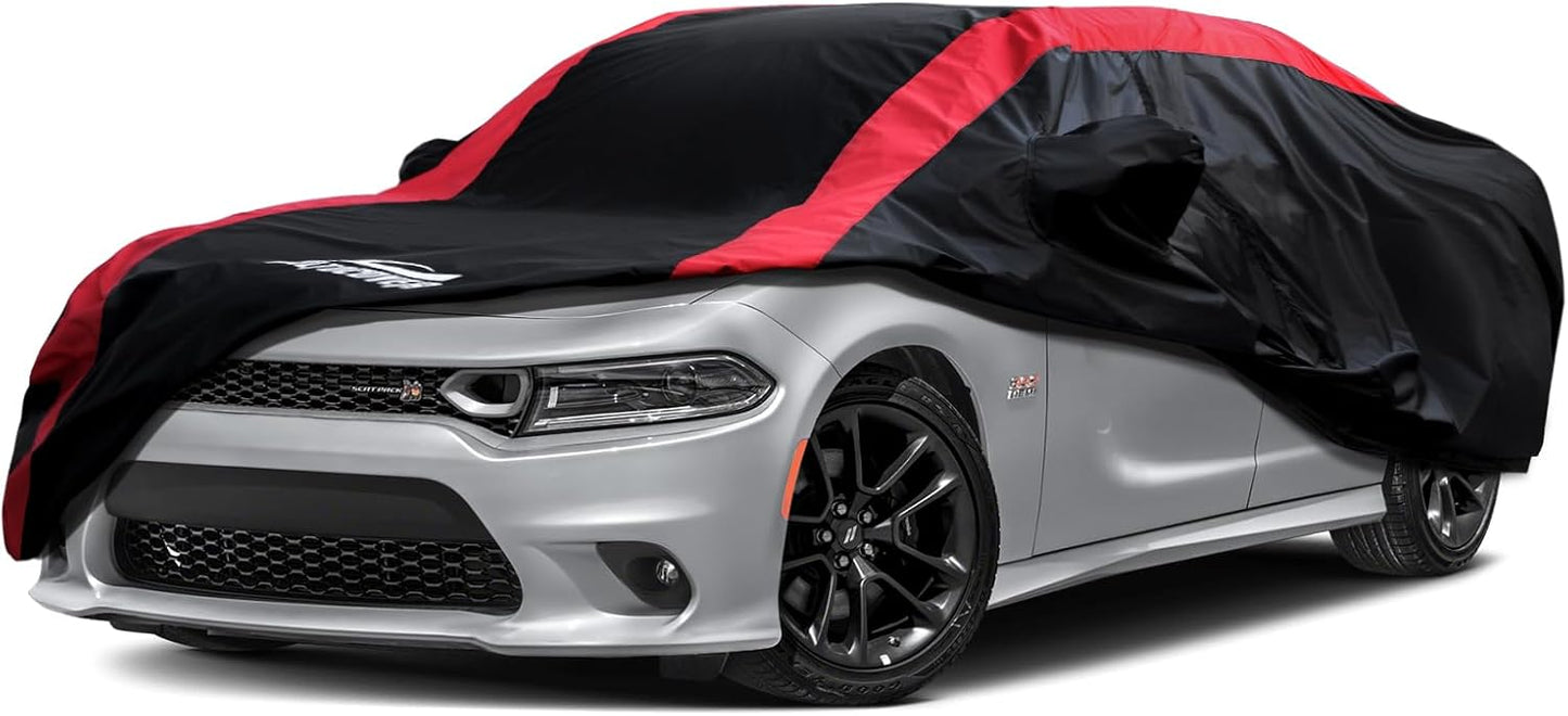 Mustang Car Cover Waterproof All Weather with Red Strip Design, Custom Fit for Ford Mustang 1994–2025, Mustang Accessory with Door Zipper & Windproof Straps