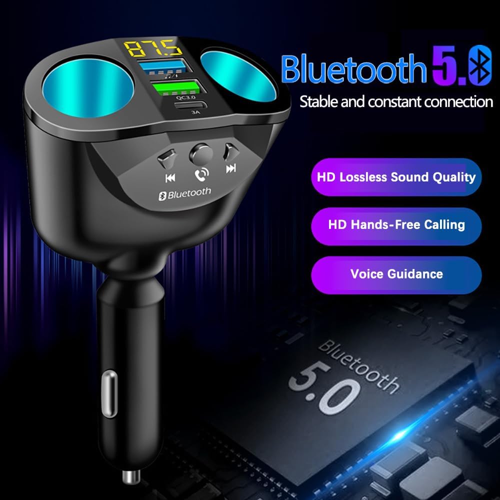 12-24V Car Cigarette Lighter Splitter, Bluetooth5.0 Adapter for Car, 2-Socket Cigarette Lighter Adapter Dual USB QC3.0 &PD Fast Car Charger FM Transmitter [Voltage Detection]