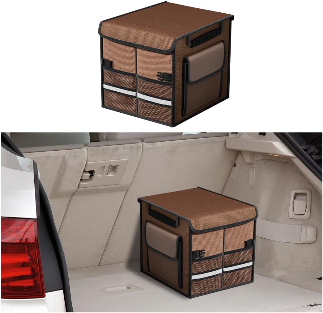 HZEL Car Trunk Organizer with Lid, Foldable Slip Resistant Multi-Compartment Vehicle Cargo Storage Box, Collapsible Waterproof Automotive Trunk Organizer, Universal for SUV Van Truck (Coffee)