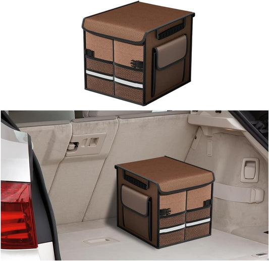 HZEL Car Trunk Organizer with Lid, Foldable Slip Resistant Multi-Compartment Vehicle Cargo Storage Box, Collapsible Waterproof Automotive Trunk Organizer, Universal for SUV Van Truck (Coffee)