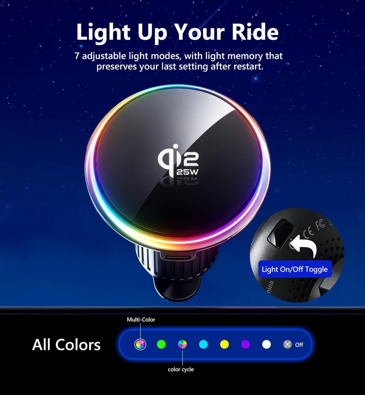 for Qi2.2 25W MagSafe Wireless Car Charger Mount with RGB Light Magnetic