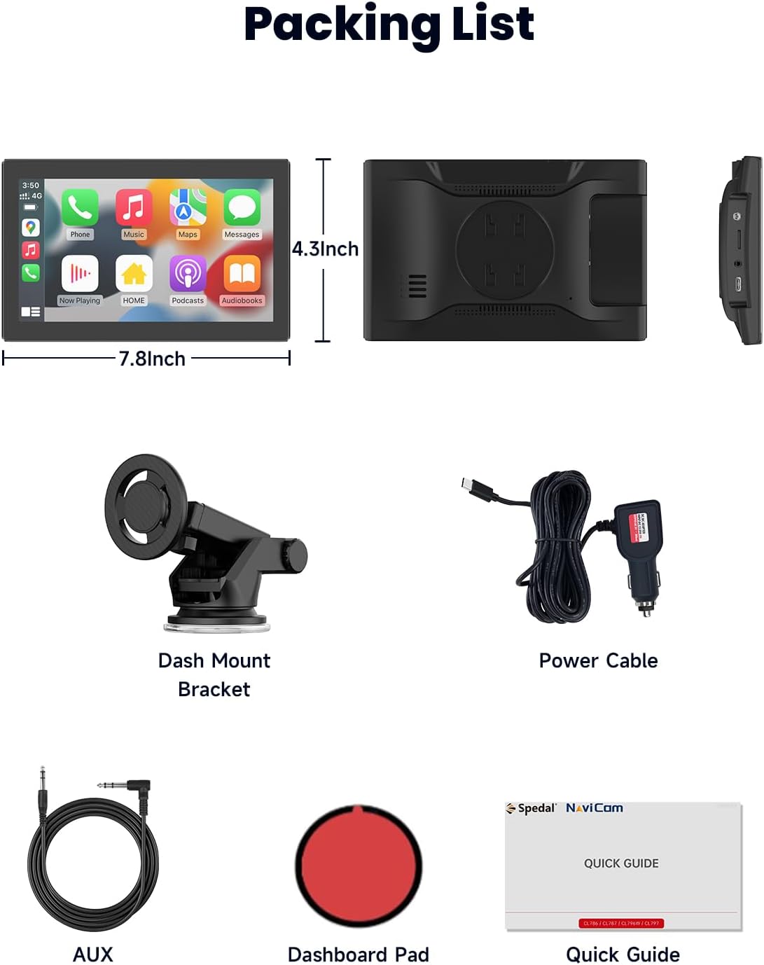 CarPlay Screen with Android Auto, CL798 7'' Portable Touchscreen,