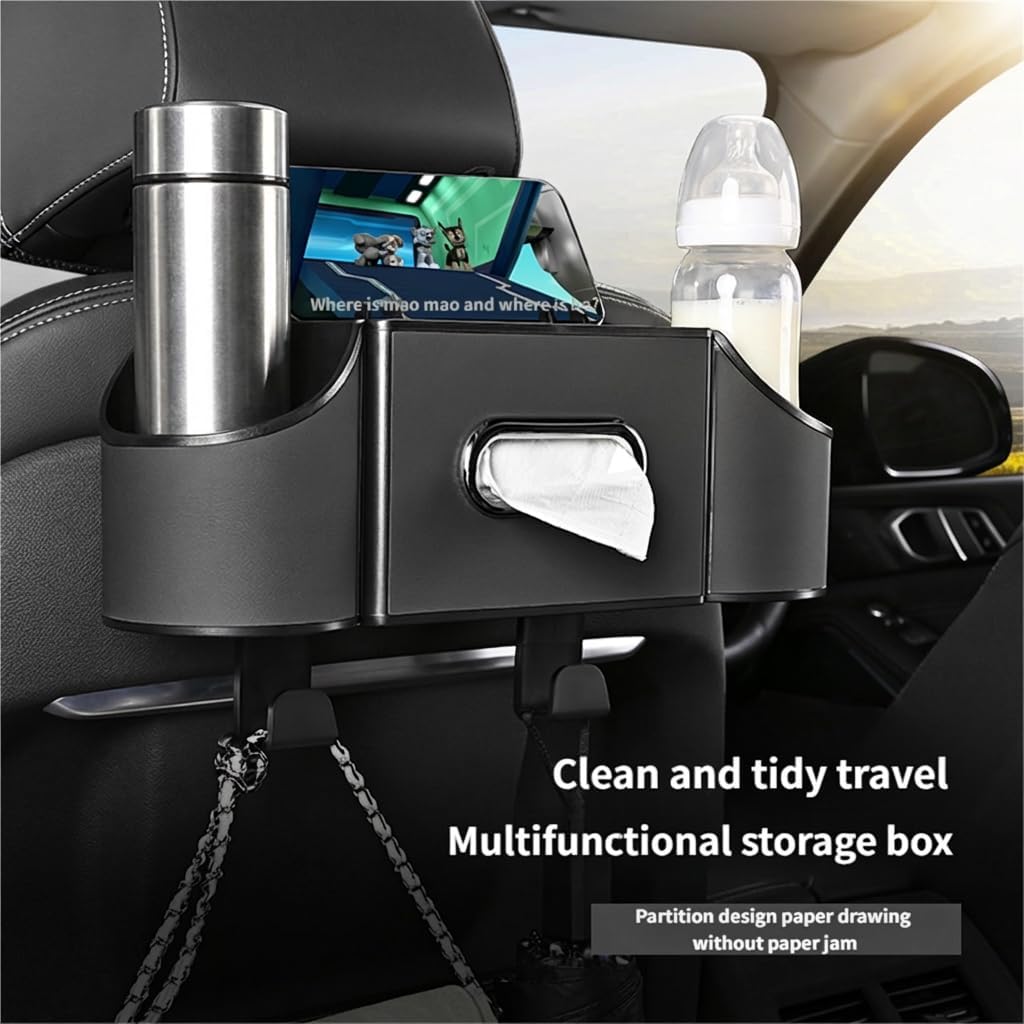 Backseat Car Organizer, 4-in-1 Car Organizer Back Seat with Cup Holder & Tissue Box, Multi-Pocket Car Back Seat Organizer for Phone, Drinks, Travel & Daily Use (Black)