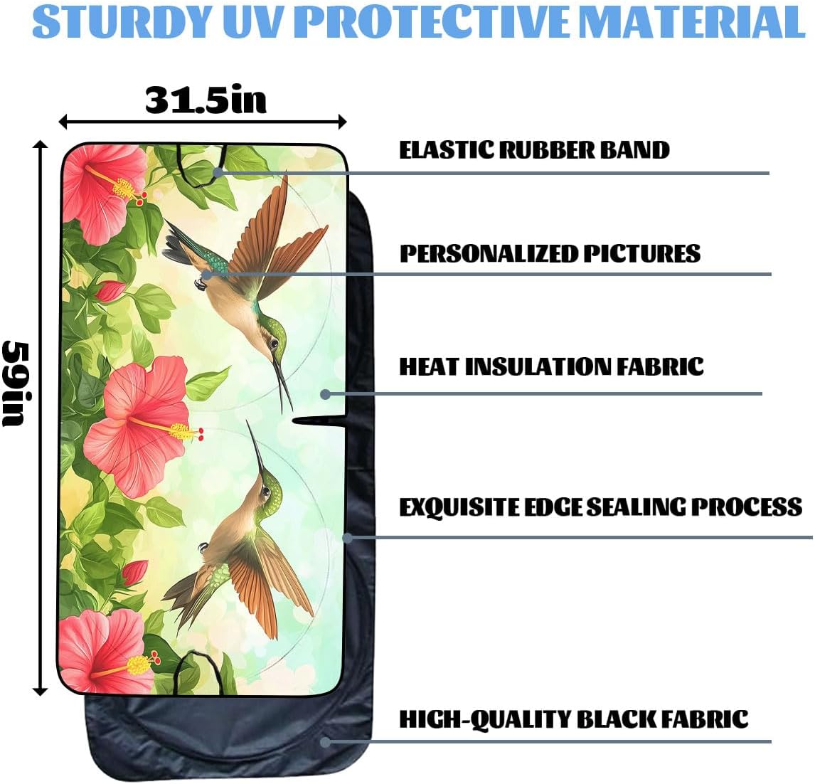 Hummingbirds Car Windshield Sunshades Hibiscus Tropical Garden Floral Summer Front Window Sun Shade Blocks UV Rays Sun Visor Protector for Car Sedan Truck SUV Accessories 59" L x 31.5" W