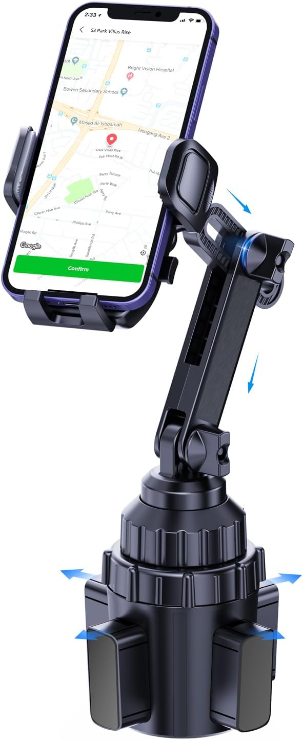 Universal Car Cup Holder Phone Mount with Detachable Base & Long Neck, 360° Rotating for No-Shake View, Securely Fits 65-106mm Large Truck/SUV Cups, Compatible with All 4-7 Inch Smartphones