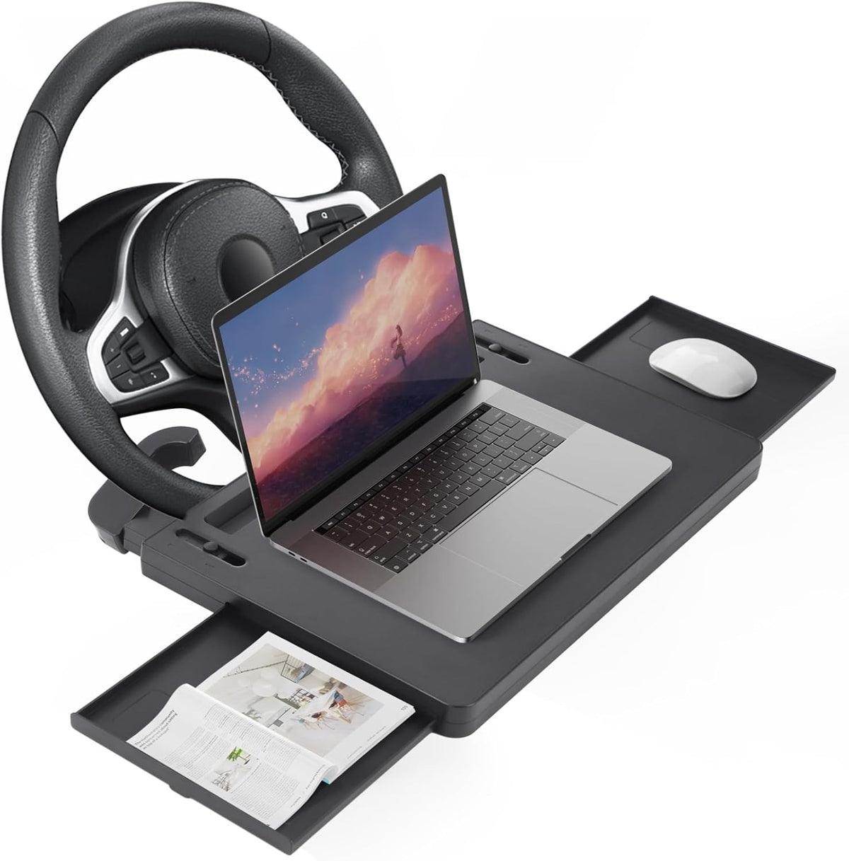 OMISTAR Car Steering Wheel Tray Table with Retractable Panels, Adjustable ABS Plastic Car Desk for Laptop, Eating Food, Writing, Steering Wheel Food Tray, Universal Fit for Most Vehicles