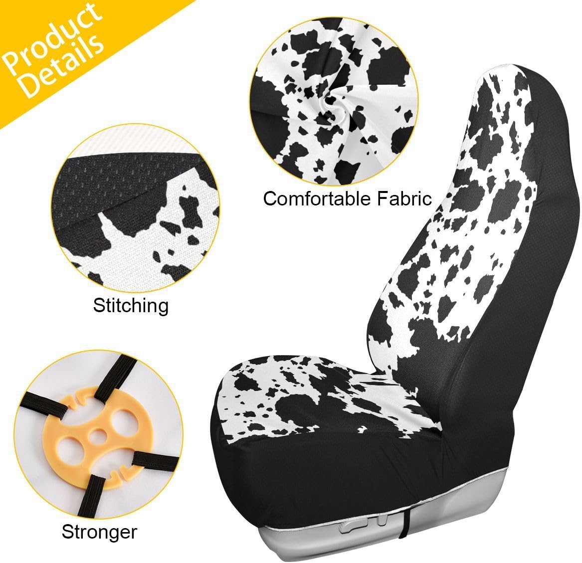 Cow Print Car Seat Covers Set of 2,Rustic Spotted Milk Cow Fur Texture Black Cowhide Universal Auto Front Seat Protector for Women Cute Animal Skin Pattern Car Accessories Fit for Car Truck