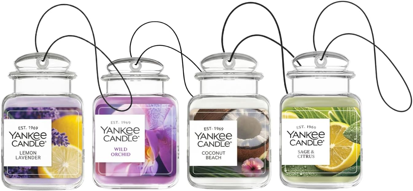 Yankee Candle Car Jar Ultimate Air Freshener, Long Lasting Car Fragrance, Coconut Beach, Lemon Lavender, Sage & Citrus, Wild Orchid (Variety Pack of 4)