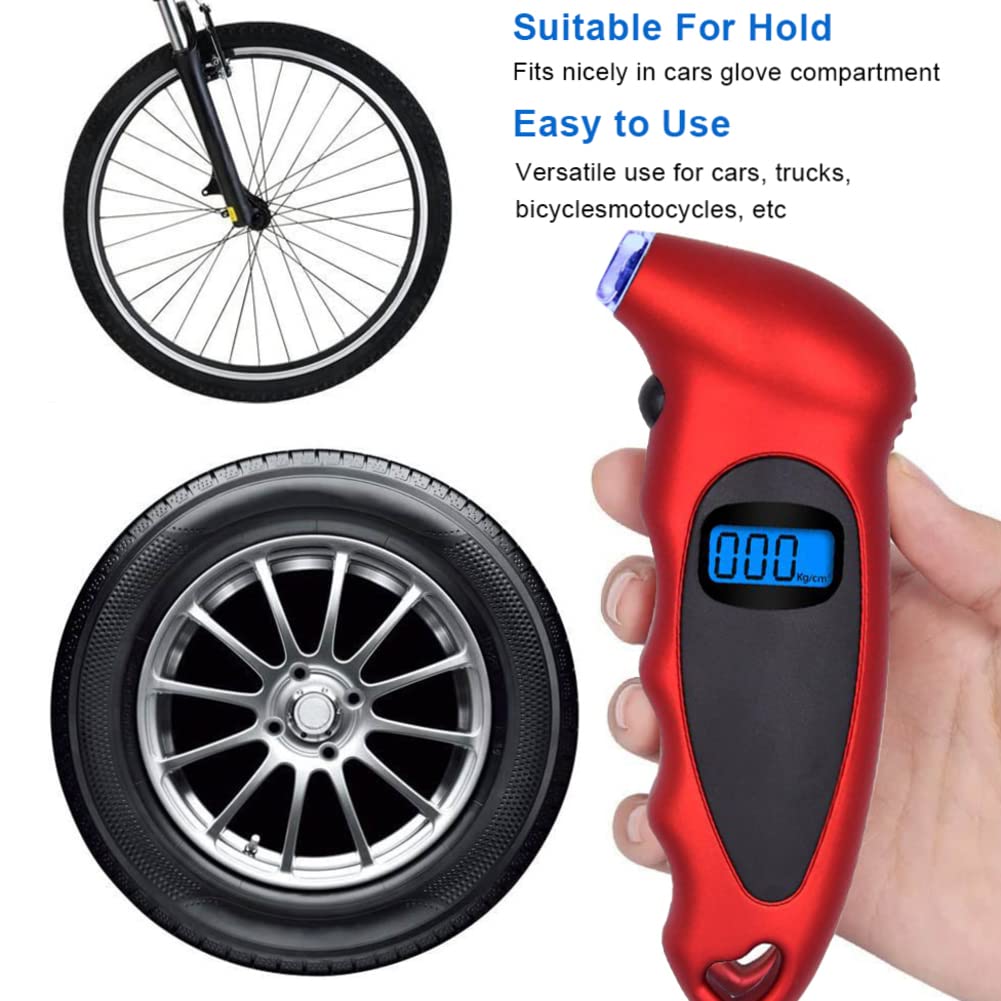 Digital Tyre Air Pressure Gauge, Easy to Read LCD Display Digital Tire Pressure Reader, Accurate Digital Tire Pressure Meter for Car Trucks and Bicycles, Fast and Accurate Readings, Red