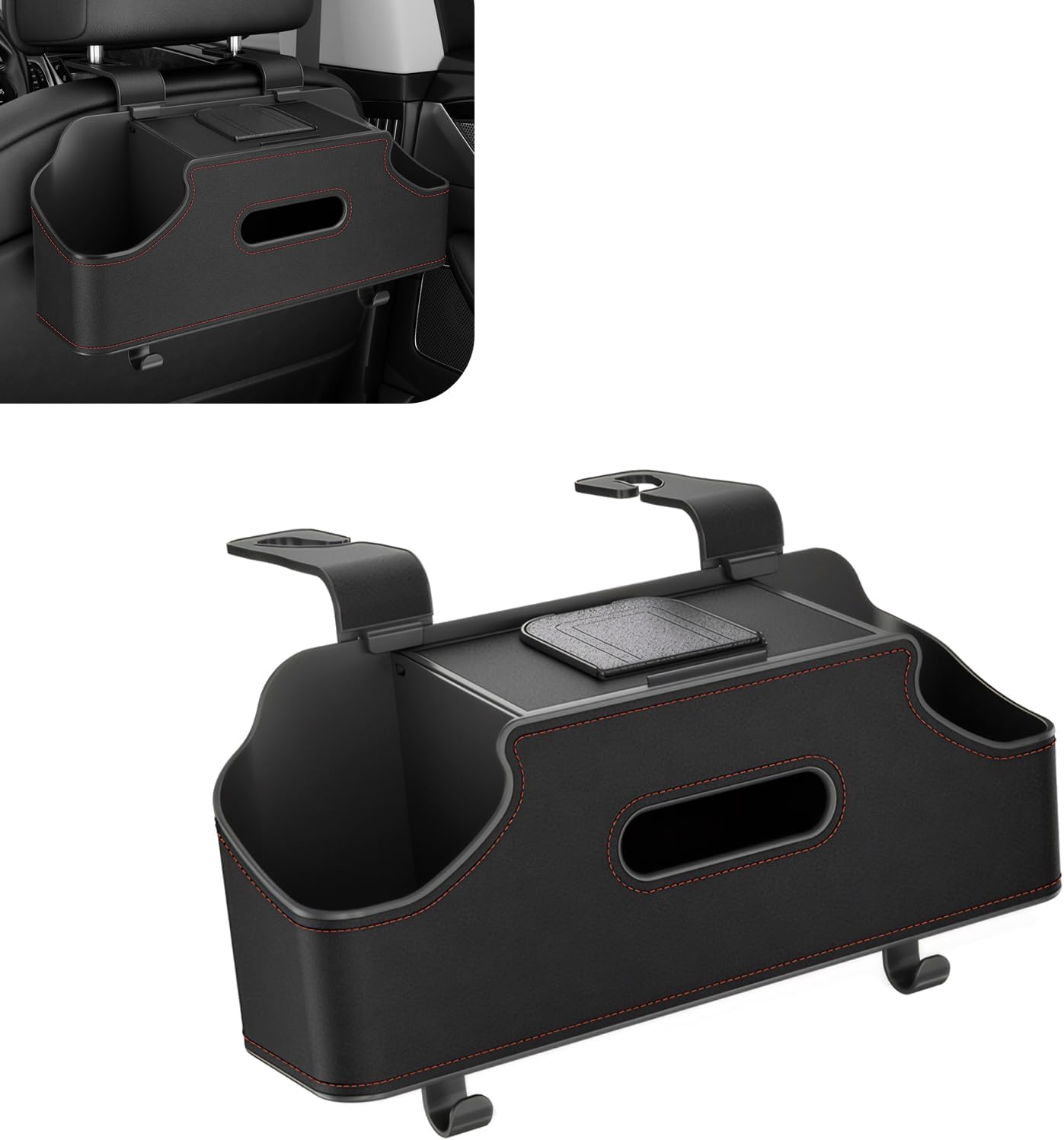 1 PC Car Seat Back Organizer, Car Back Seat Multi-Function Storage Box with 2 Drink Cup Holders, 11.42" x 3.35" Leather Tissue Organizer, Universal for Most Cars, Trucks, SUVs (Black)