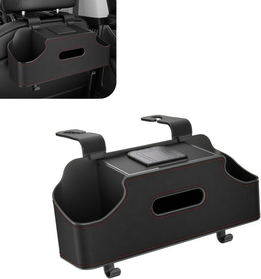 1 PC Car Seat Back Organizer, Car Back Seat Multi-Function Storage Box with 2 Drink Cup Holders, 11.42" x 3.35" Leather Tissue Organizer, Universal for Most Cars, Trucks, SUVs (Black)