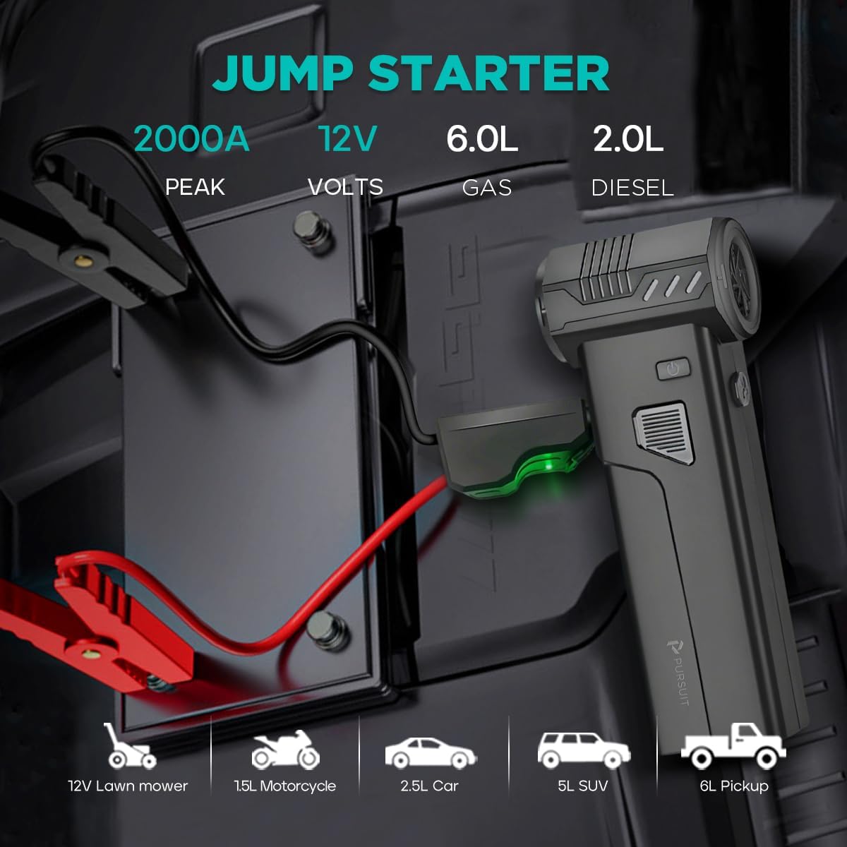 5-in-1 Jump Starter with Air Duster, Portable Vacuum, 2000A Car Battery Booster, Air Inflator/Deflator, 8000mAh Power Bank - 130000RPM Blower Fan Multi-Function Emergency Tool for Car & Outdoor Use