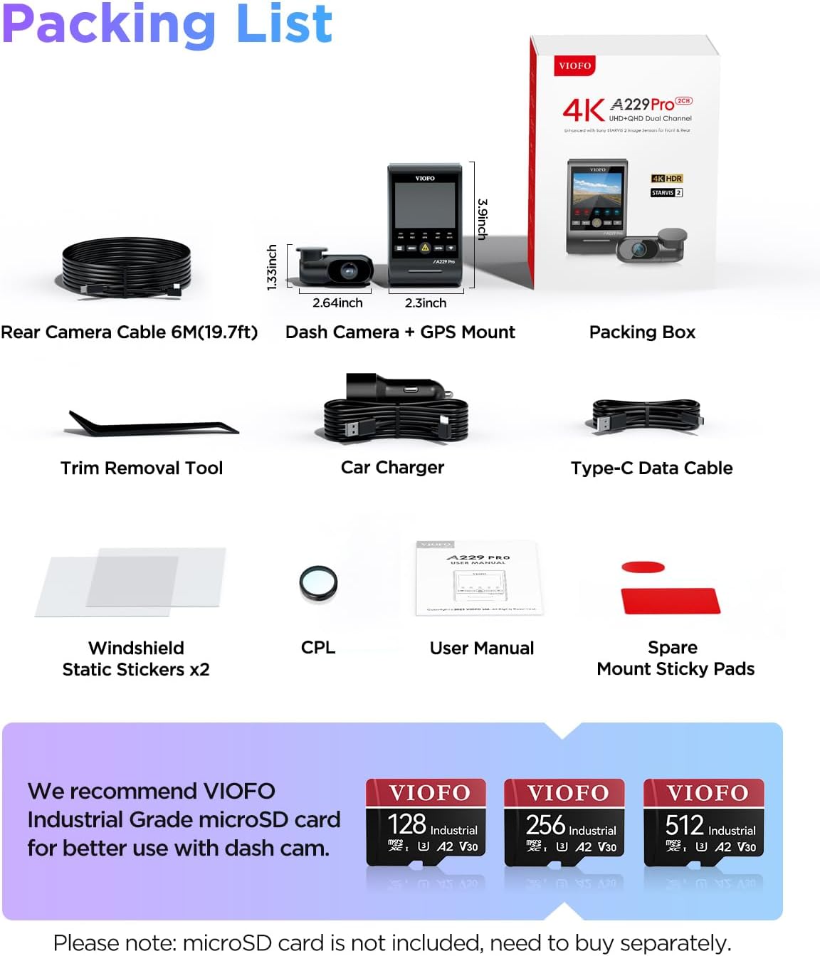 VIOFO A229 Pro 4K HDR Dash Cam Front and Rear, Dual STARVIS 2 Sensors