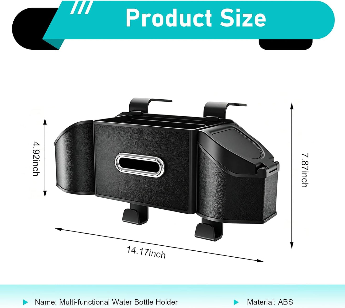 7-In-1 Car Organizer, Multifunctional Car Seat Back Organizer Box with Cup Holders, Tissue Box, Trash Can & Hooks, for Hold Phone, Snacks, Drinks, Handbag (Black)