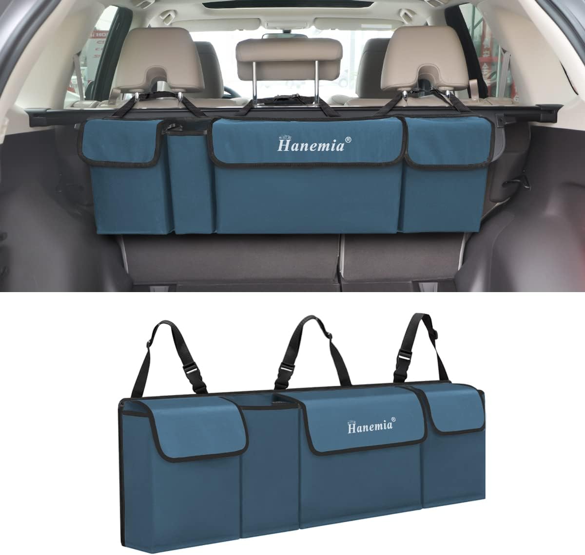 Car Trunk Organizer, Backseat Hanging Storage with 4 Large Pockets, Collapsible Cargo Bag with Adjustable Straps Frees Trunk Floor, Sturdy Space Saving Expert for SUV, Truck, Van (Pink)