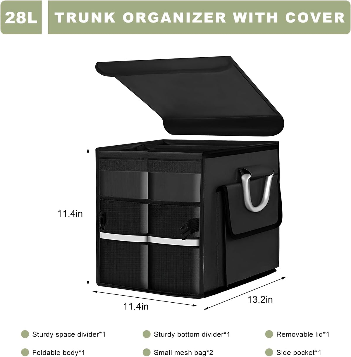 Car Trunk Organizer with Lid, 28L Waterproof Oxford Fabric Auto Trunk Cargo Storage Box w/Aluminium Alloy Handle, Collapsible 2-Compartment Storage Organizer for RV SUV Truck (Black)