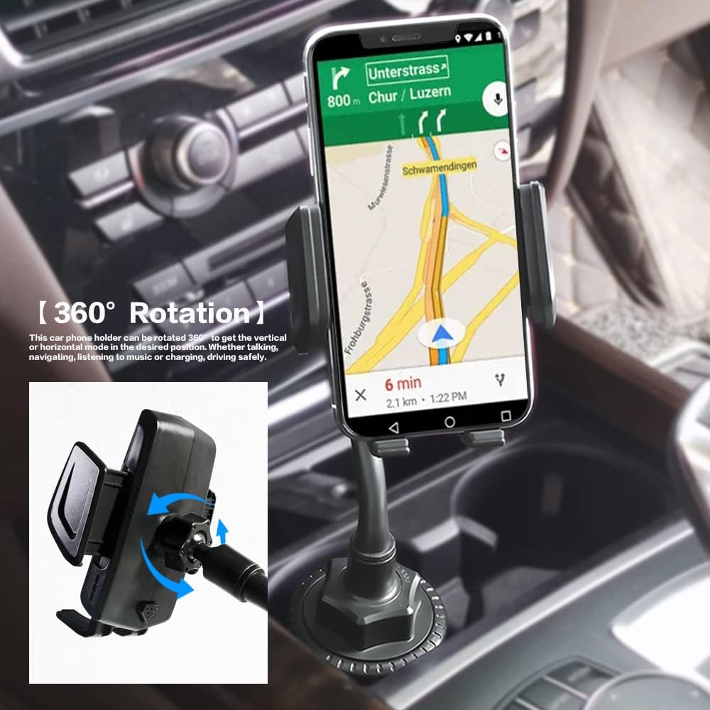 2-in-1 Cup Holder Phone Mount, Universal Adjustable Gooseneck Cup Holder, 360 Rotation, One-Button Release, Fits 4"-7" Phones