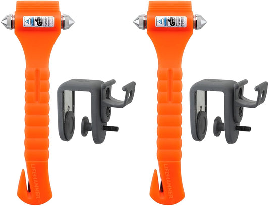 Lifehammer Brand Car Safety Hammer, the Original Emergency Escape and Rescue Tool with Seatbelt Cutter, Made in the Netherlands, Orange (2-Pack)