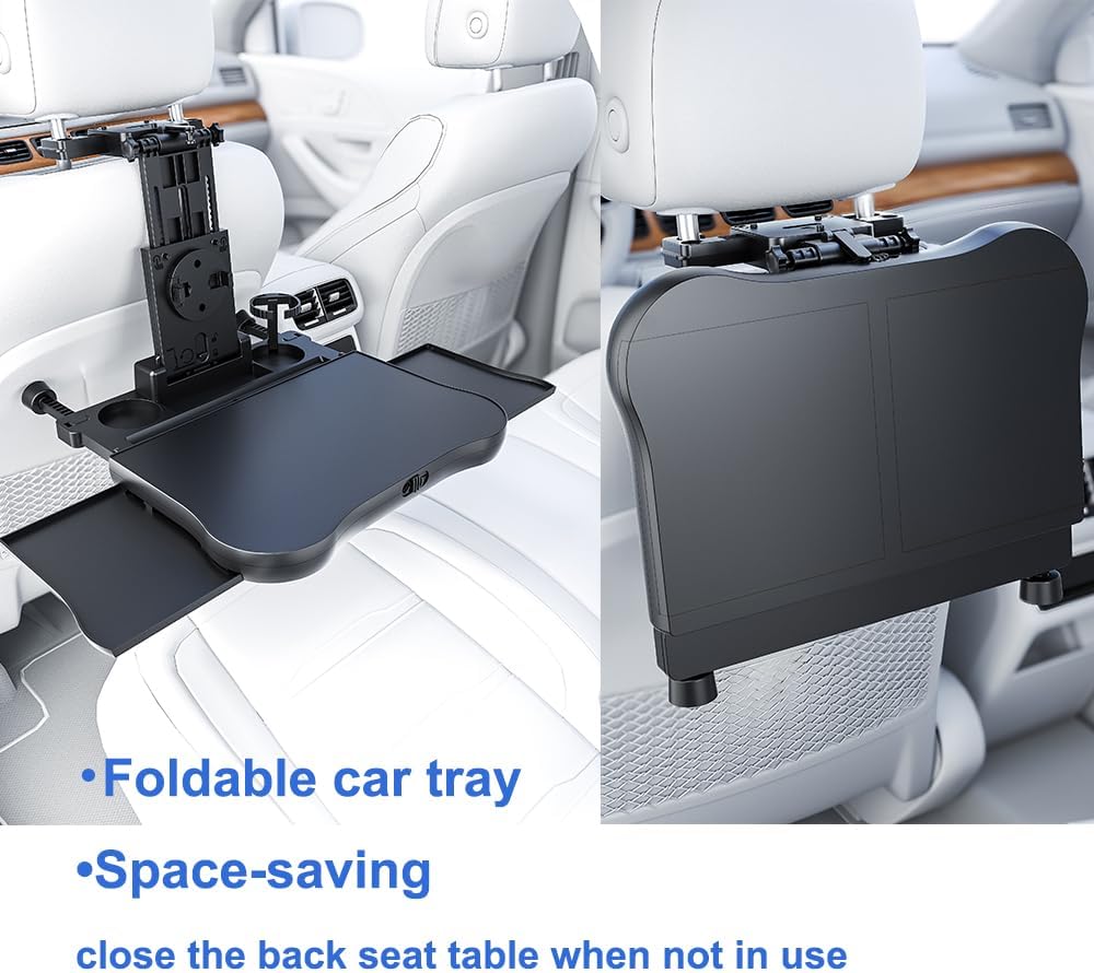 Car Back Seat Tray with Extendable Table, Car Travel Desk for Laptop with Phone Holder, Foldable Trays for Eating & Working, Car Travel Tray Table for Rear Passenger