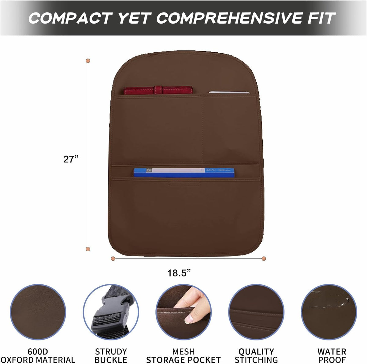 SUTSU Kick Mat Back Seat Protector， Waterproof Leather Car Seat Back Organizers Cover with 3 Storage Pockets for Kids Pets SUV Sedan Minivan Truck Car Travel Accessories (Coffee 2-pack)