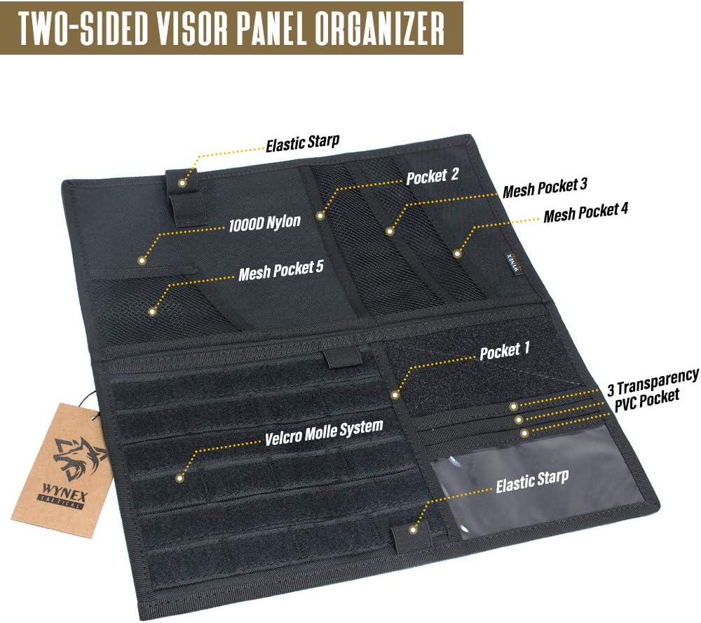 WYNEX Car Sun Visor Organizer with Double-Sided Folding MOLLE Panel, Auto Sun Visor Storage for Essentials &amp; Tactical Gear, Compatible with Cars, Pickup, Trucks, Vans, SUVs