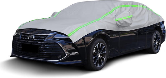 Half Car Cover Sedan with Green Reflective Strip, Hail Protector Car Cover with Cotton Liner, Sunroof & Windshield Cover for Ice and Snow, All Weather Car Body Cover for Sun, Rain, Dust