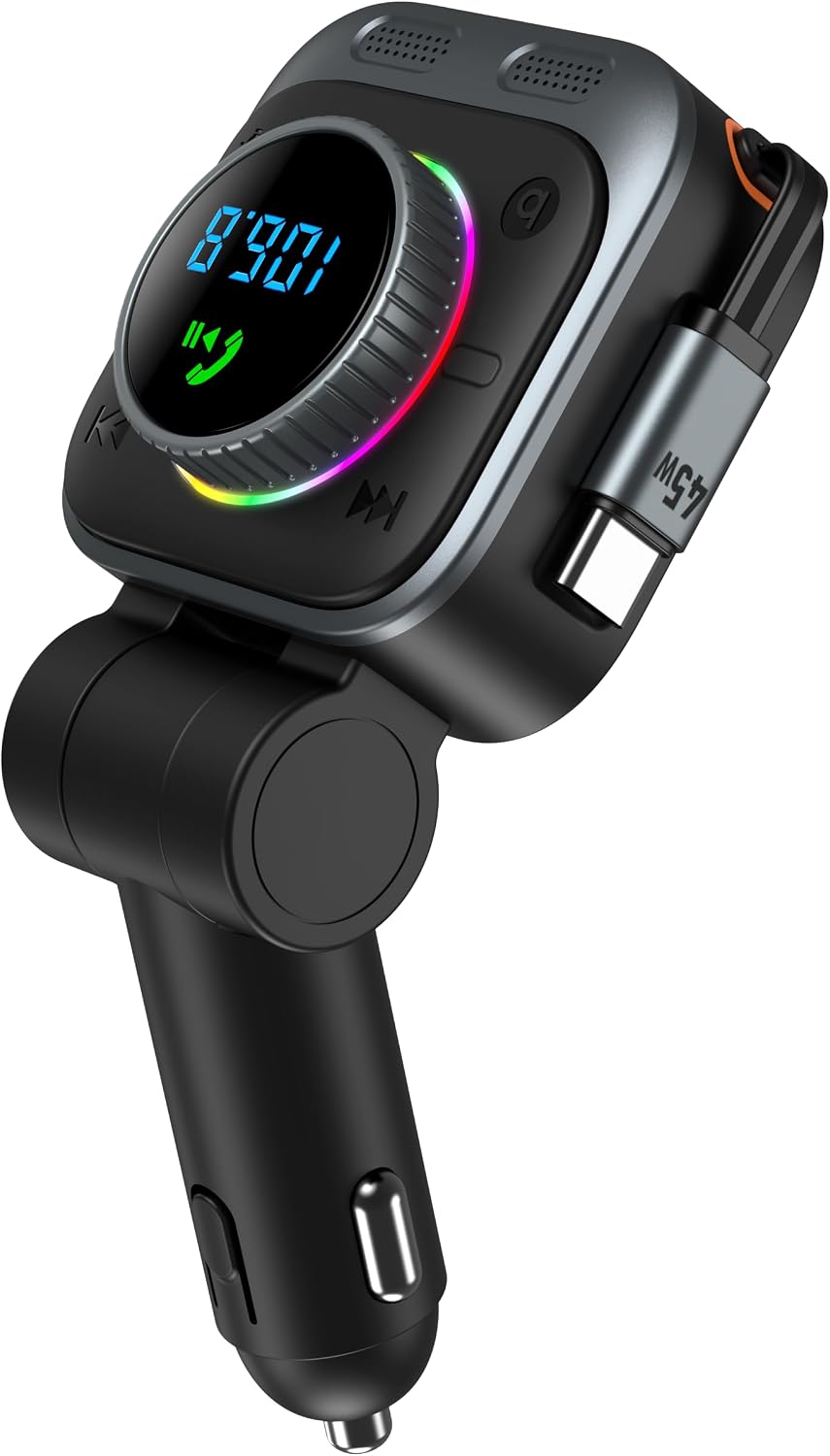 TRON TR128 72W Bluetooth 5.4 FM Transmitter Car Charger, Retractable USB-C Cable, Hands-Free Calling, Hi-Fi Bass, USB-C& A Ports, 12V-24V Compatible