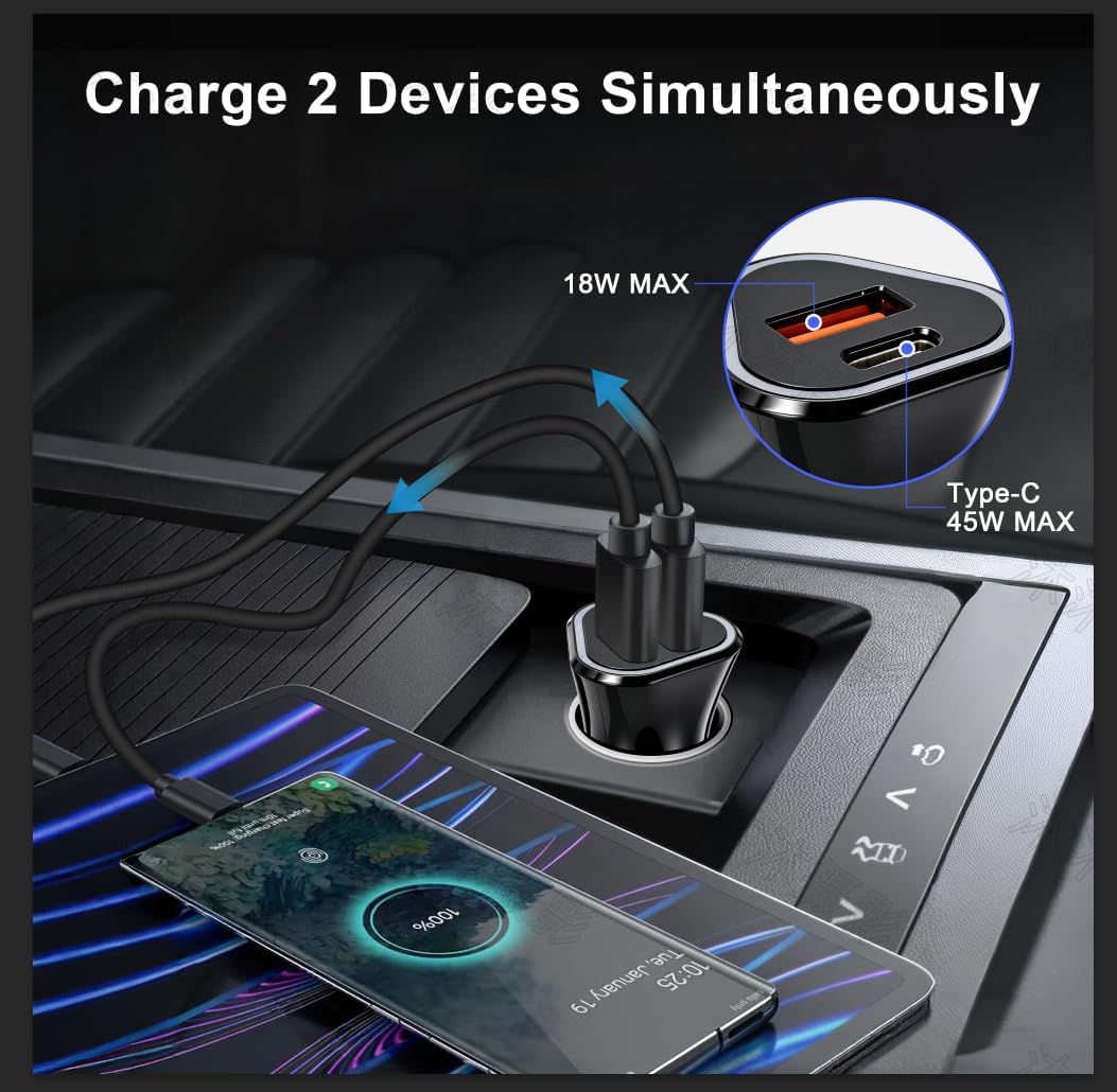65W USB C Car Charger, 2-Port Super Fast Charging Cigarette Lighter Adapter