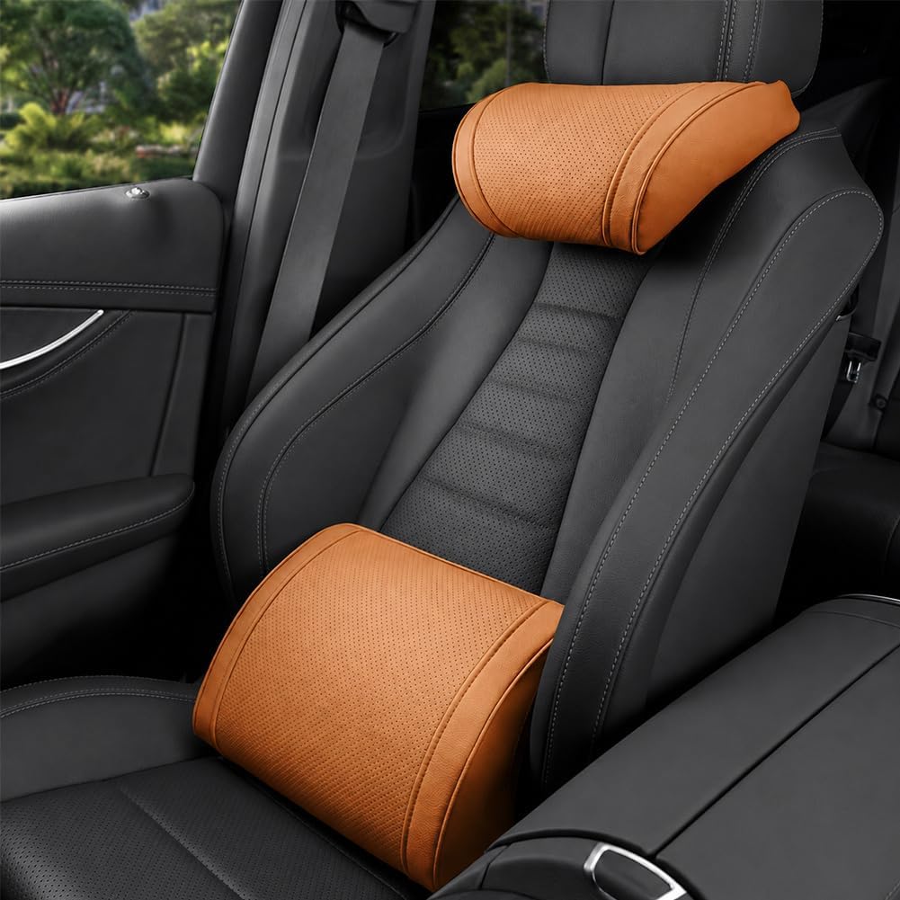 Ergonomic Headrest and Lumbar Support Set for Car Seats, Breathable Perforated Leather Car Pillows, Luxurious Memory Foam Neck Pillow for All Cars, Eases Neck Fatigue for Long Driving(Amber)