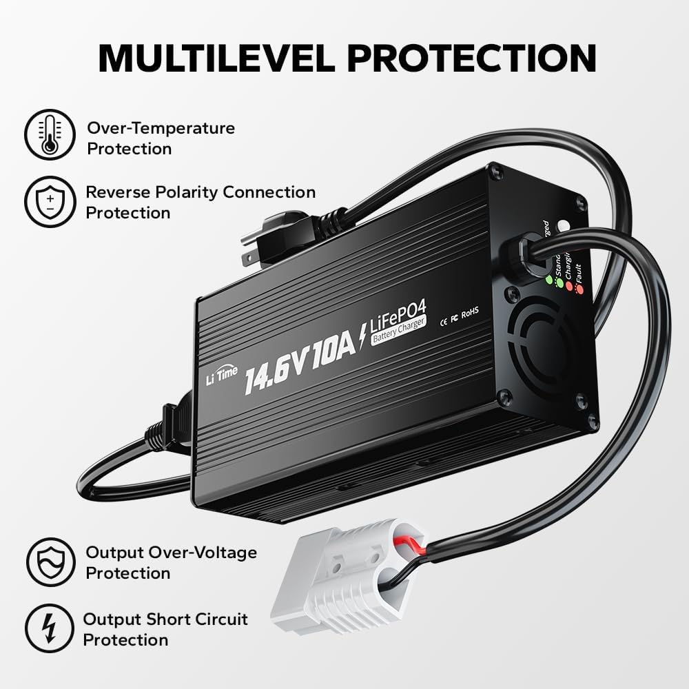 LiTime 12V 10A Lithium Battery Charger for 12.8V LiFePO4 Batteries, AC-DC