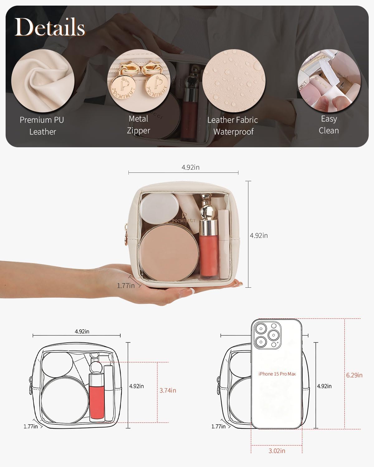Pocmimut Mini Makeup Bag with Small Cosmetic Bag Travel Essentials Organizers,TSA Approved Toiletry Bag Makeup Pouch Clear Cosmetic Bags for Women,Beige