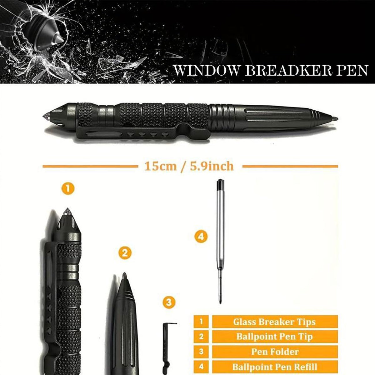 5 Pack Car Window Breaker Pens, Tactical Pen Portable Multi-Functional Emergency with 5 Black Ballpoint Refills for Writing, Professional Glass Breaker Pen, Multitool for Father's Day