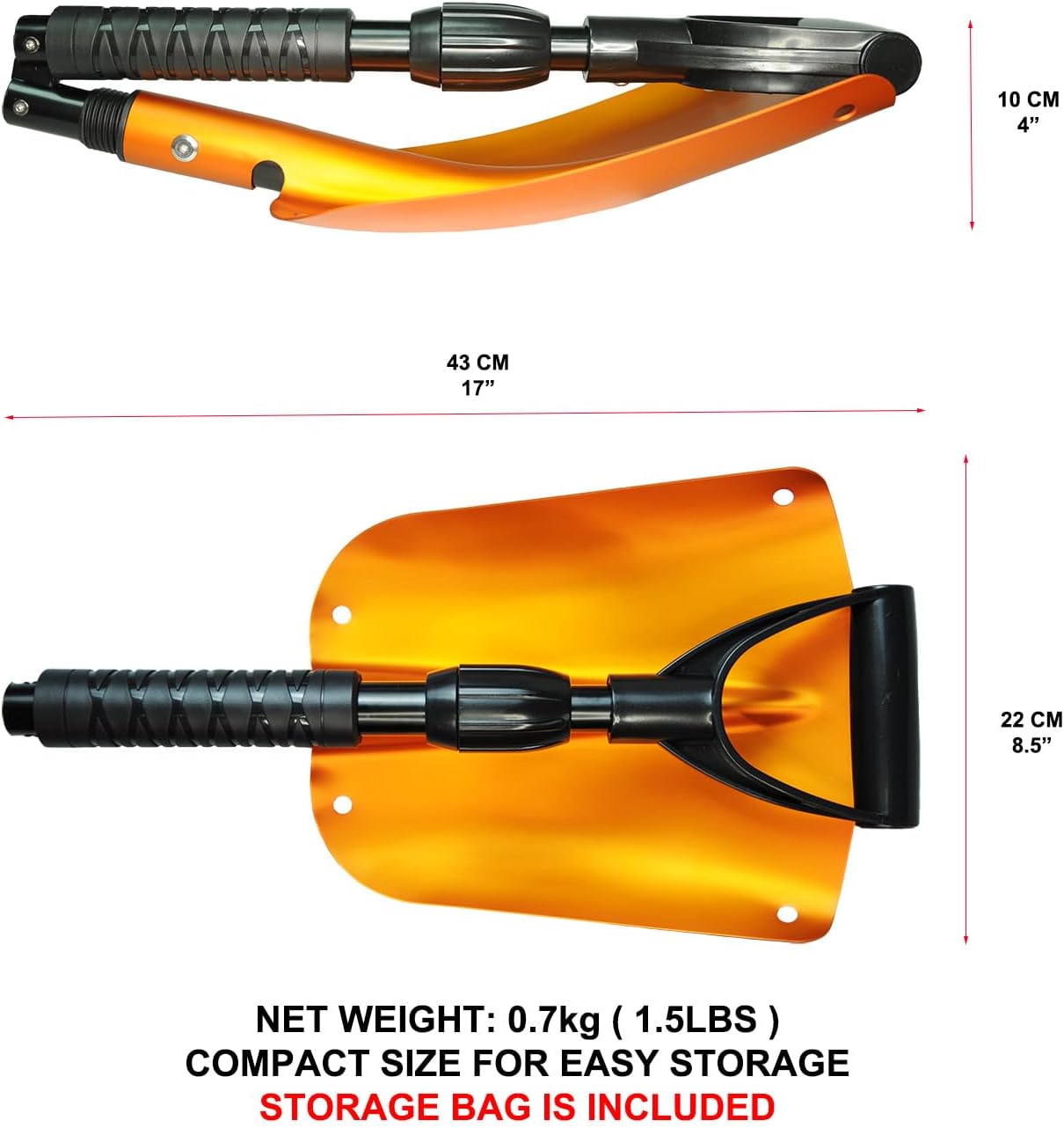 GEARFLAG Collapsible Folding Aluminum Compact Snow Shovel 39" - Snow Removal in Winter, Emergency Kit for Vehicle, Car, Van, SUV, Truck, Snowmobile, Gardening (Orange)