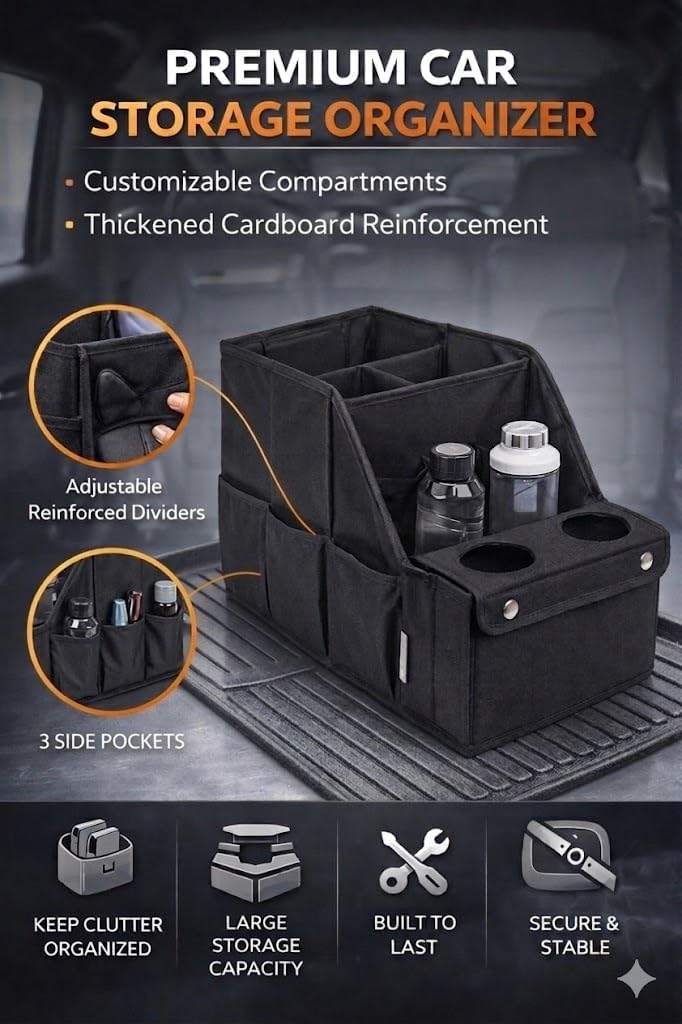 Car Trunk Organizer for SUV with Cup Holder – Foldable Trunk Organizer for Car, Car Organizer for Storage, Durable Car Organizers and Storage, Car Essentials for Easy Car Organization