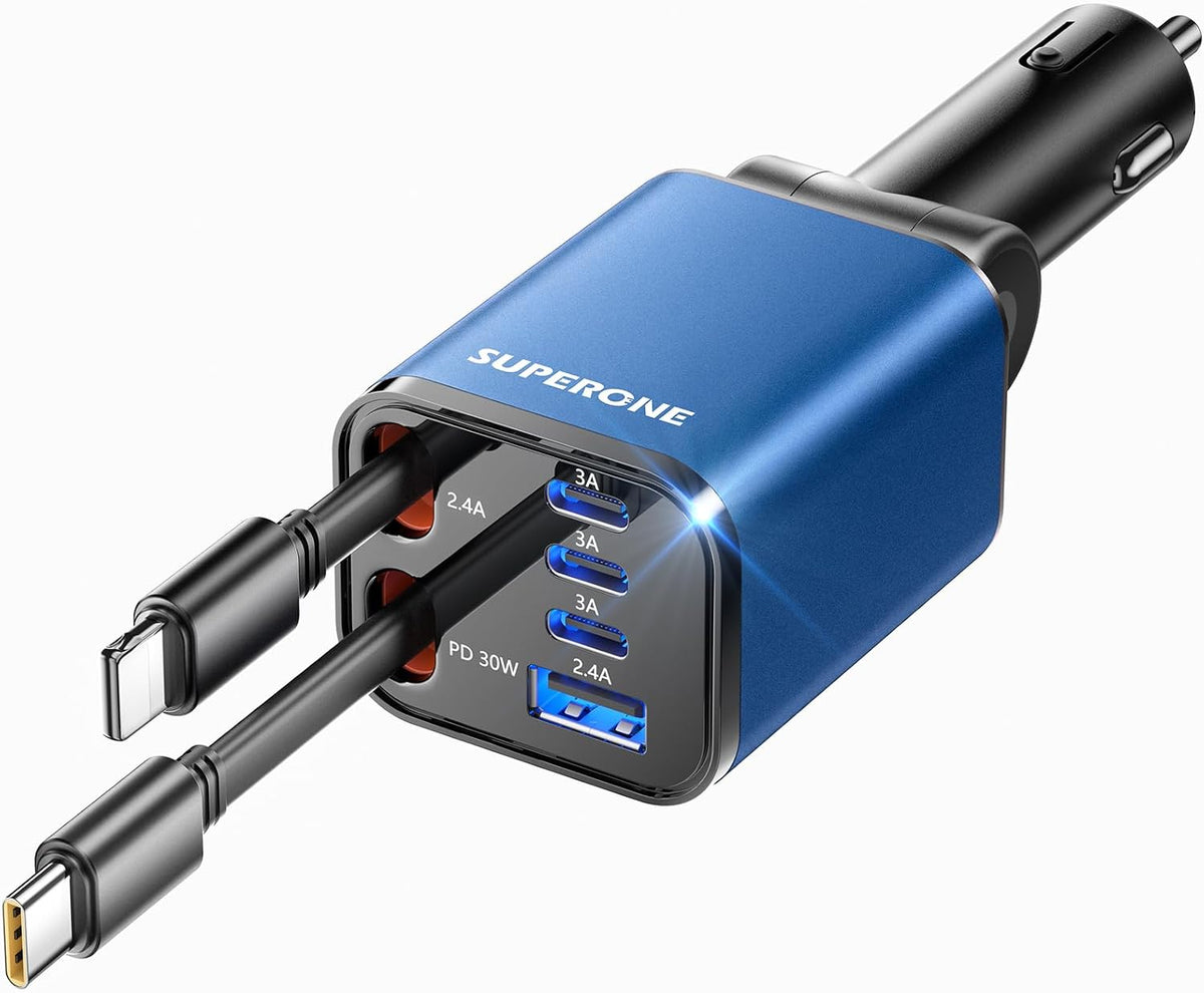 Retractable Car Charger, SUPERONE 99W Car Phone Charger with Dual Cables