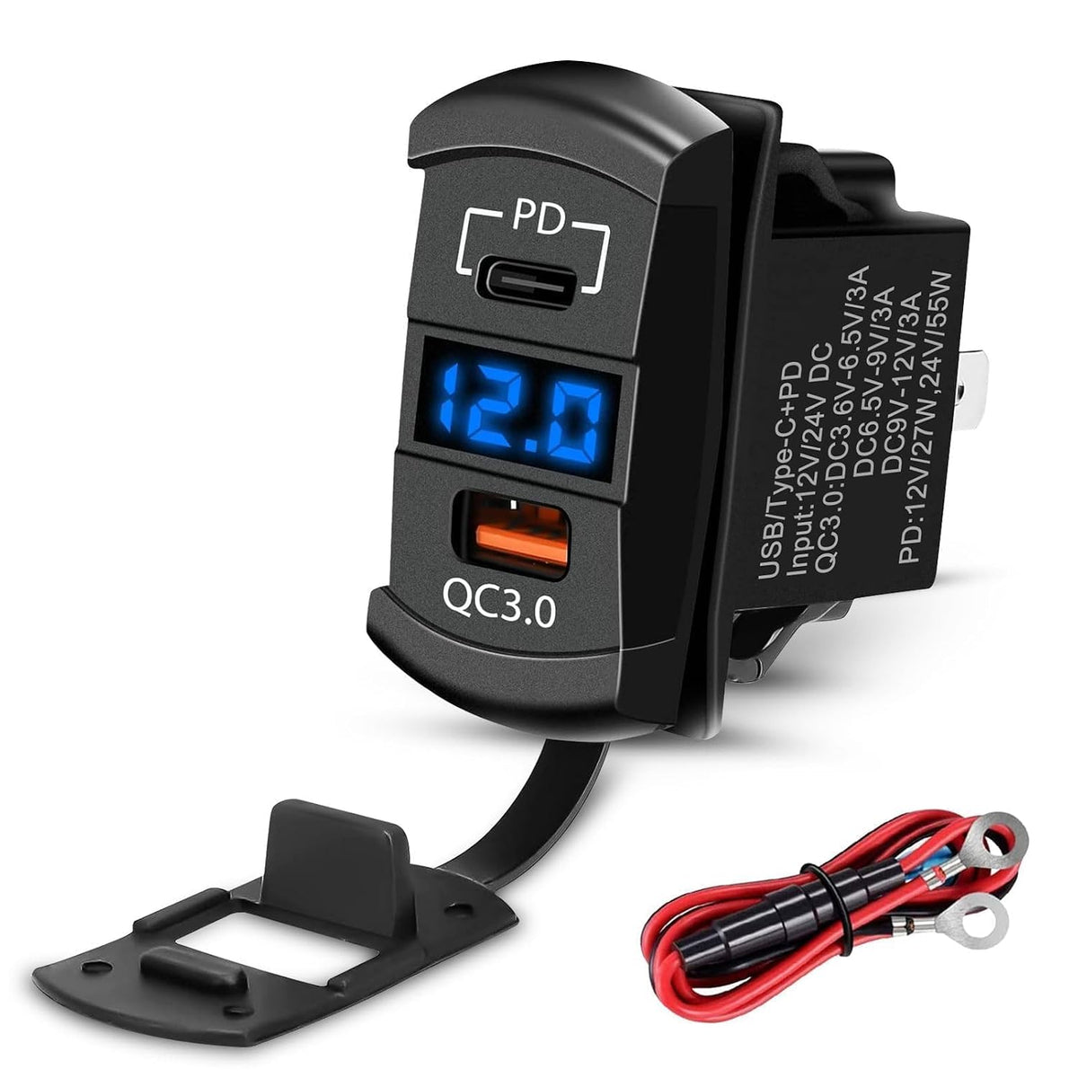 Linkstyle Car Rocker Switch Outlet, 36W QC3.0 USB-A Port & 55W PD Port Charger Socket with LED Voltmeter for 12V/24V RV Boat Motorcycle