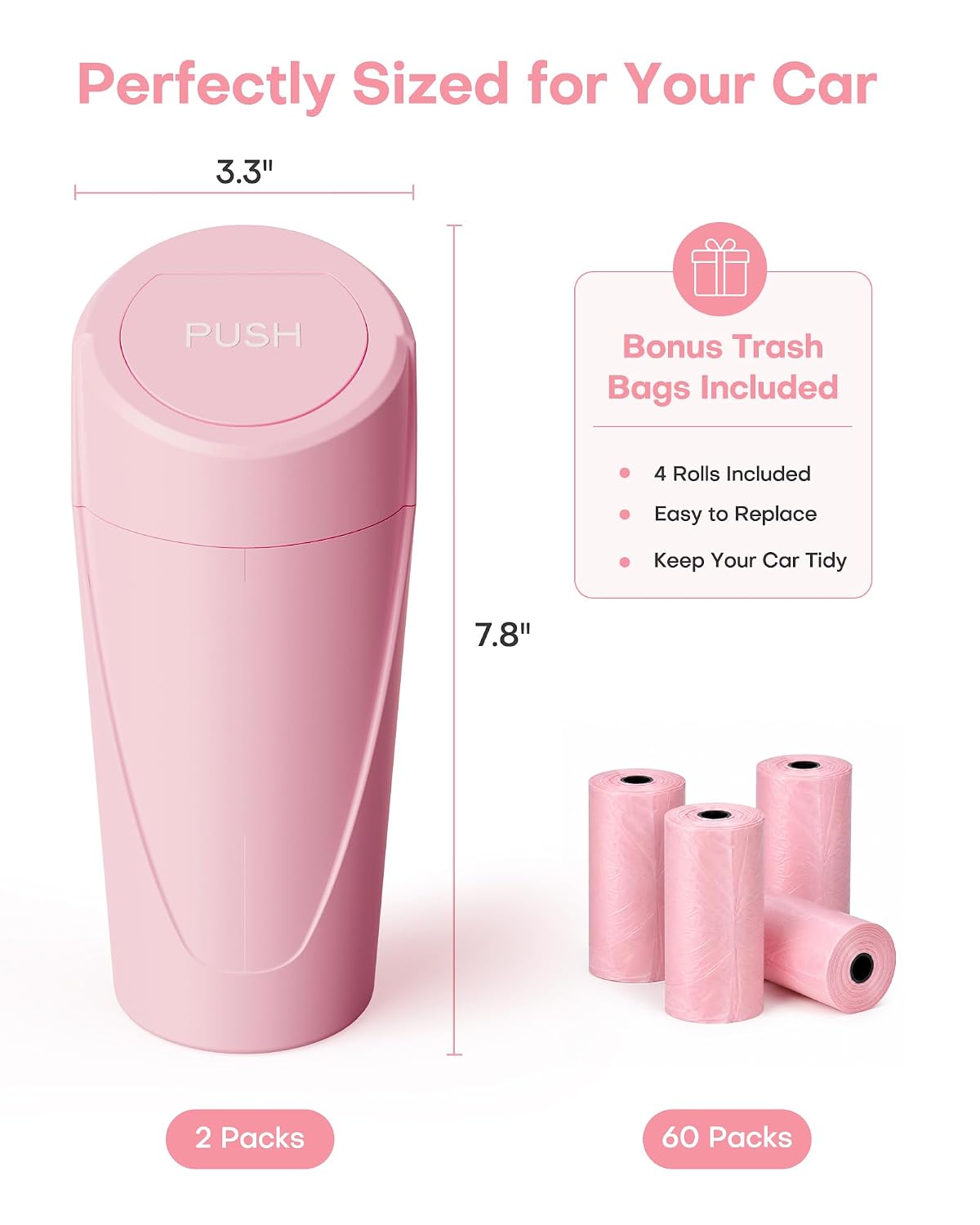 HOTOR Car Trash Can, Pink Car Garbage Can with Lid, Bonus Bags, L(2 Pack)