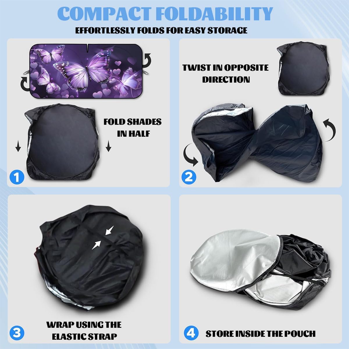 Purple Butterfly Car Windshield Sun Shield, 59*31.5 Inches, UV Rays Protection, Universal Fit for SUV, Truck, Car
