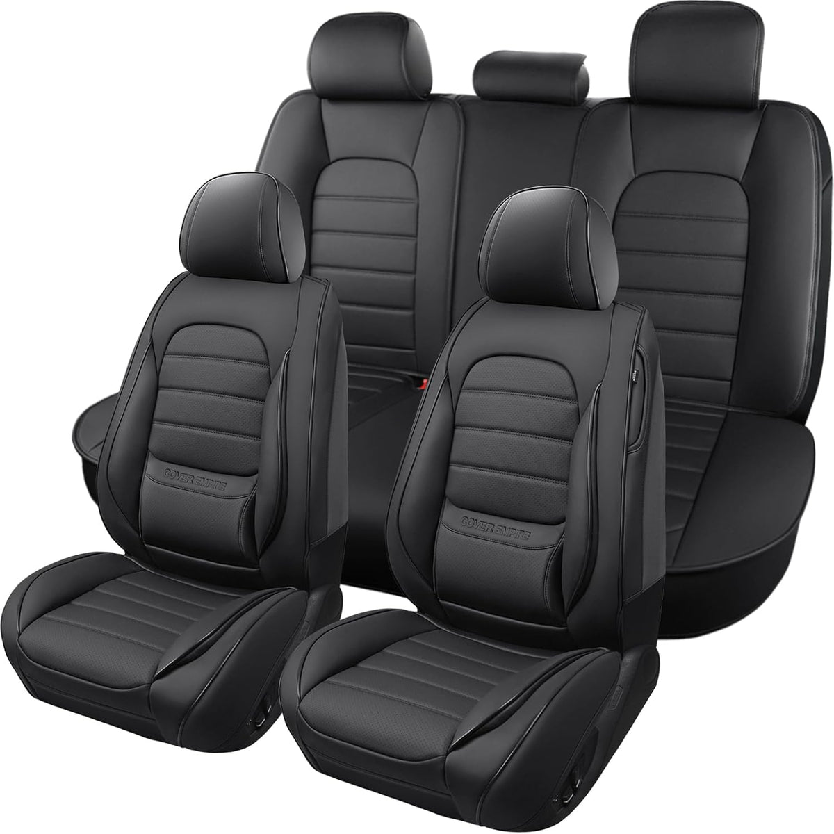 Car Seat Covers Full Set, 5Pcs Universal Leather Seat Covers for Cars, Waterproof Front and Rear Seat Covers Breathable Automotive Vehicle Seat Cover for Most Trucks, SUVs, Sedans, Black