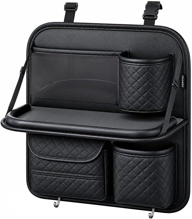 Car Backseat Organizer with Tablet Holder, Back Seat Protector with Storage Pocket & Foldable Food Tray, Auto Kick Mat Backseat Organizer Accessories for Travel Trip, Universal Fit (Black)
