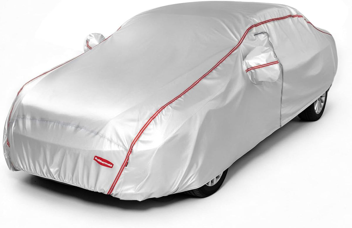 Rubbermaid 10-Layer Waterproof Car Cover– All Weather Full Exterior Vehicle Cover with Driver Door Zipper, Windproof Straps, UV & Snow Protection, Universal Fit (See Size Chart Before Purchase)