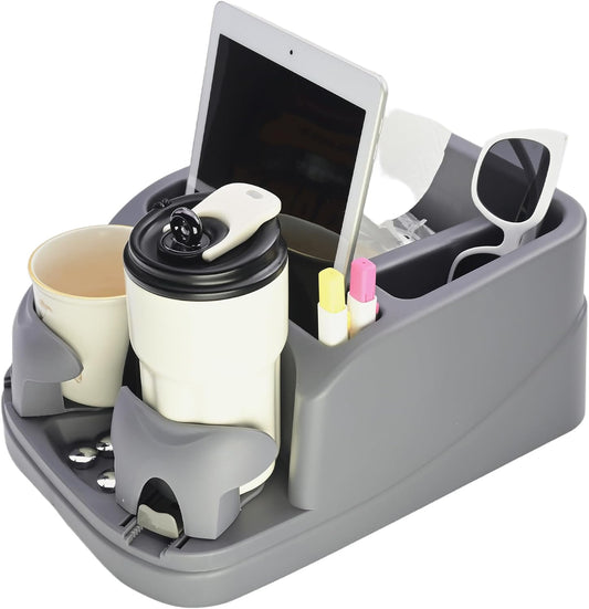 Car Console Organizer, Car Seat Organizer with 2 Adjustable Cup Holders, Center Console for Cars, Trucks, Minivans, SUVs, Vehicle Organizer, 3 Large Storage Compartment (Gray)