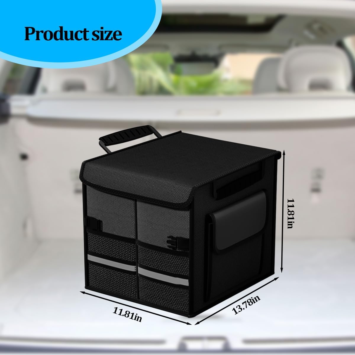 HZEL Car Trunk Organizer with Lid, Foldable Slip Resistant Multi-Compartment Vehicle Cargo Storage Box, Collapsible Waterproof Automotive Trunk Organizer, Universal for SUV Van Truck (Black)
