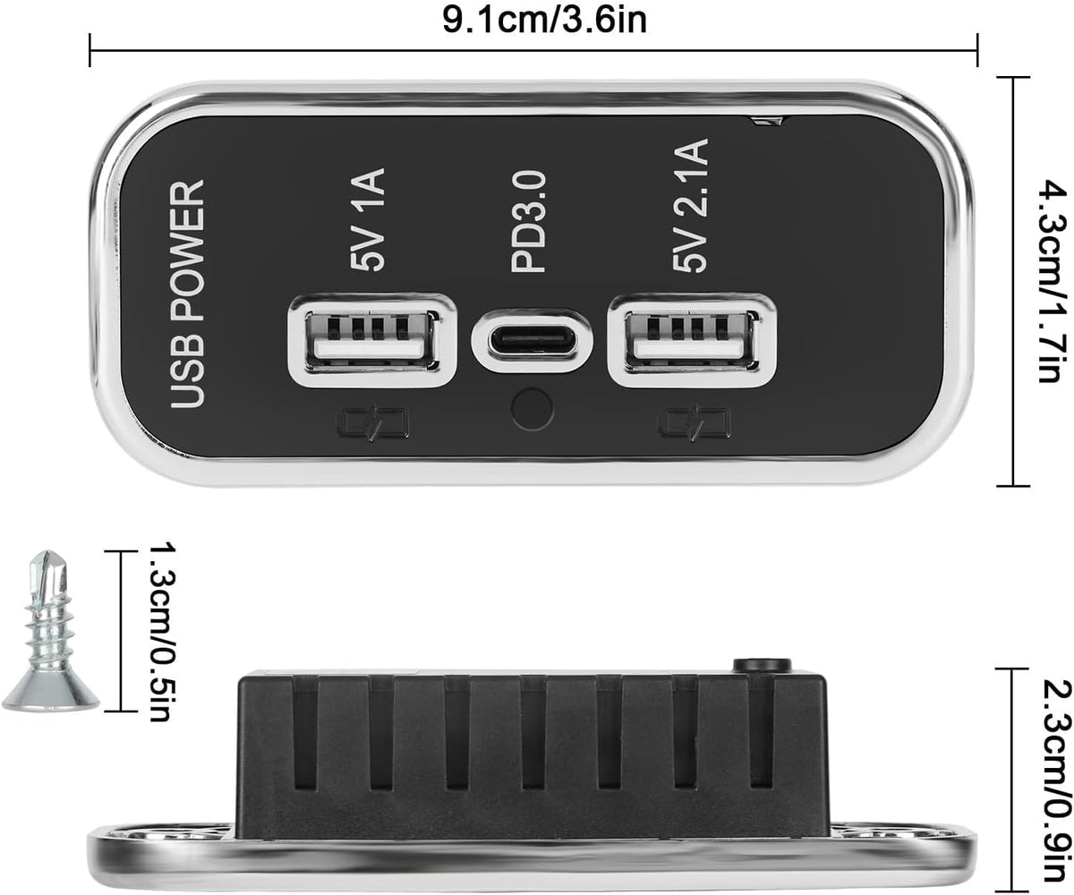 Linkstyle 12V USB Outlet, Dual USB A & 18W USB C Fast Charger Socket Panel with LED Light Flush Mount for Car Marine RV Truck