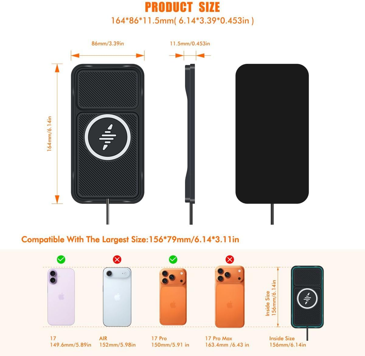 Wireless Car Charger Pad for iPhone 17/16/15/14/13/12 Pro & Samsung, Non Slip Wireless Charging Pad for Car Dashboard Console, USB A Phone Charger for Vehicle Commute Travel, Fits Small Phones