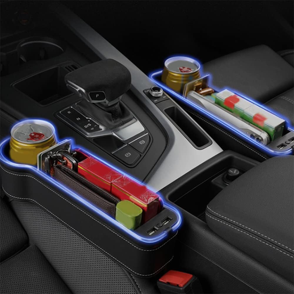 Car Seat Organizer Between Seats Cup Holder with LED Lights, Car Seat Gap Filler Organizer, Multifunctional Seat Gap Organizer Storage Box with USB Charge Port - Black (RGB Light)