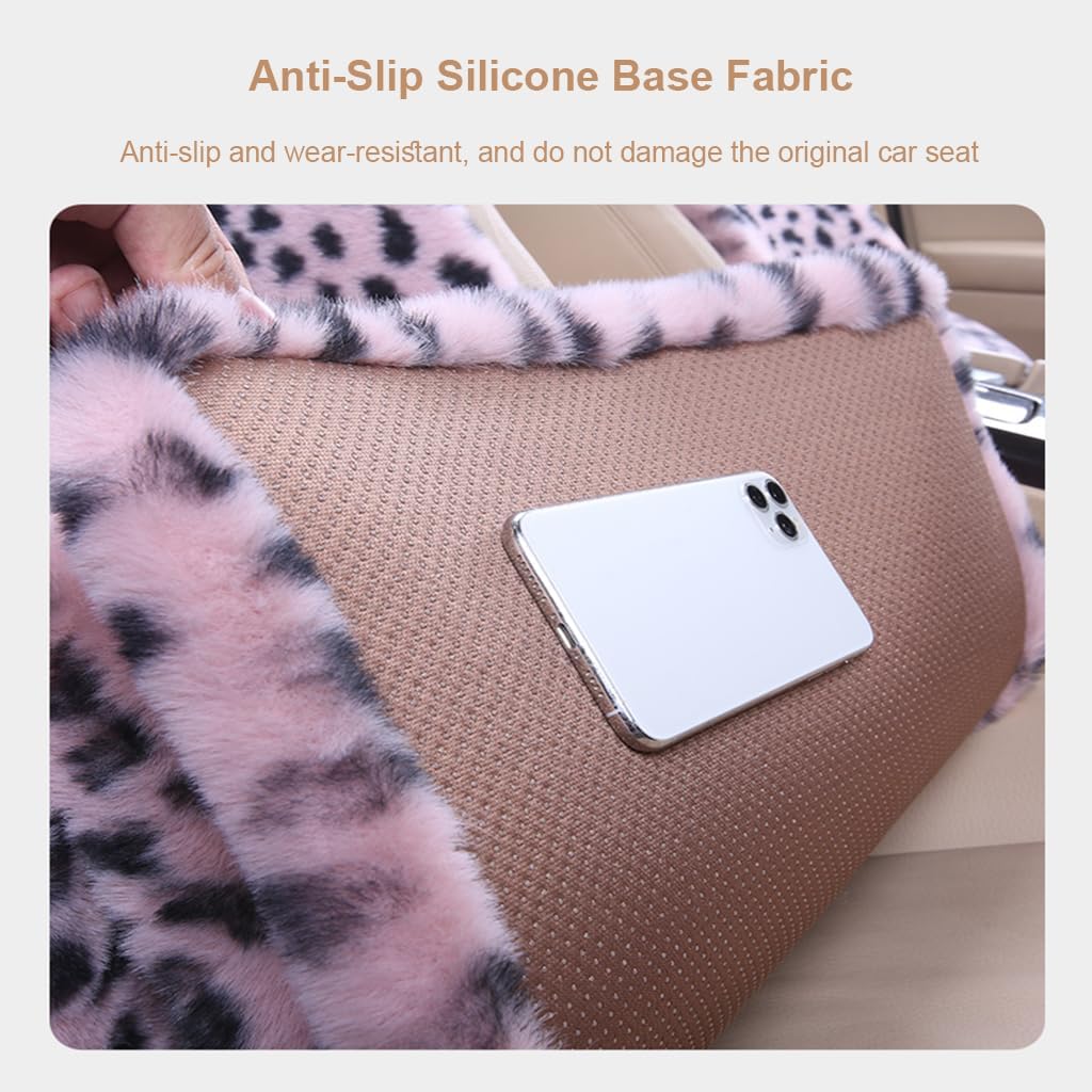 6PC Plush Leopard Car Front Seat Cover for Women, Non-Slip Automotive Seat Covers with 2 Neck Pillows, Universal Fit for Car Truck SUV Interior Cover, Fluffy Car Seat Cushion, Purple