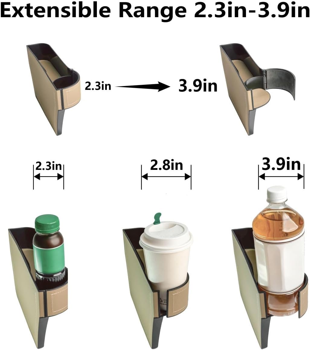 Car Seat Gap Filler Organizer,2 Pack Car Leather Cup Holder Gap Bag,Car Seat Storage Box with Adjustable Cup Holders,Car Organizer Front Seat for Holding Phone, Glasses, Keys, Cards (Beige)