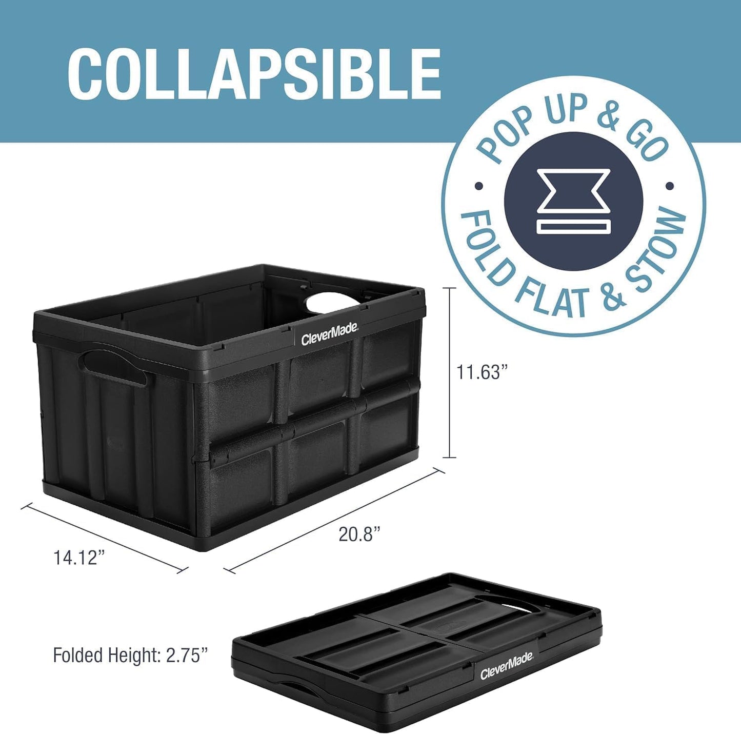 CleverMade Collapsible Storage Bins 46L (3-Pack) – Heavy Duty Collapsible Plastic Storage Bins, Stackable Folding Storage Bins for Car, Garage, Home Organization - Foldable Bins, Ocean