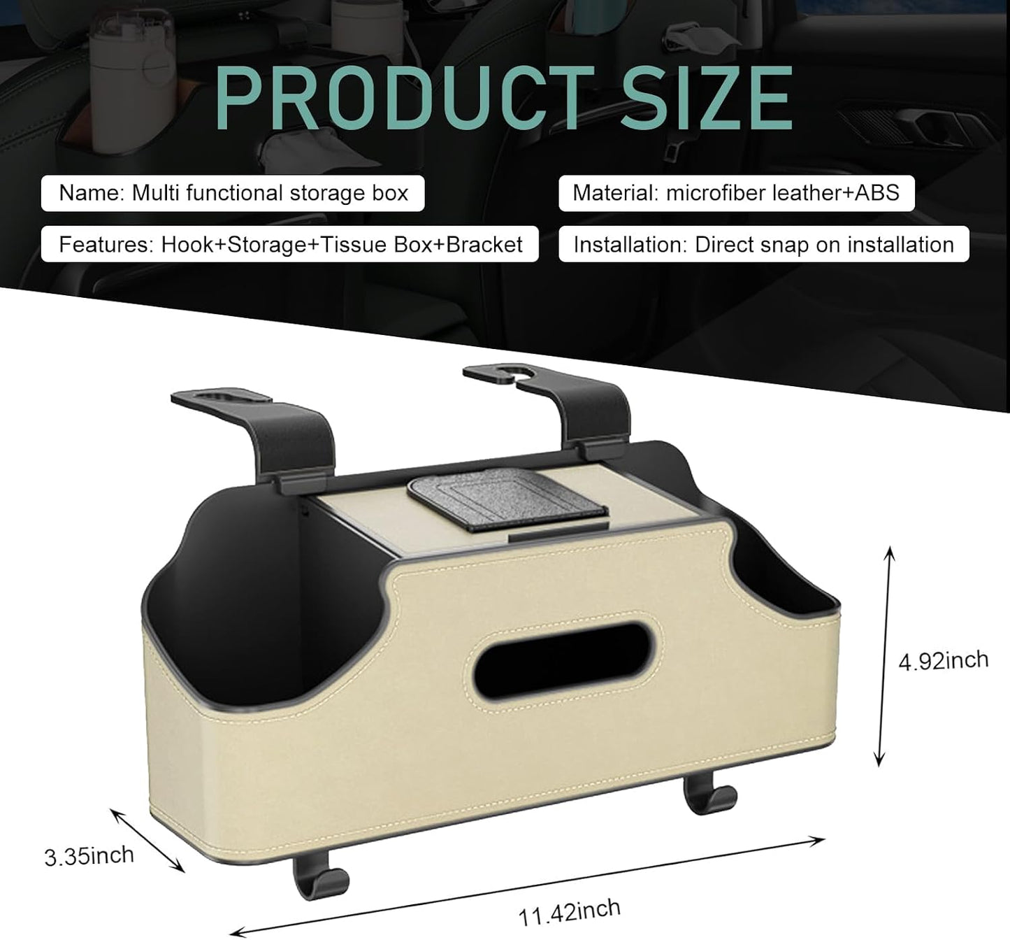 Car Seatback Organizer with Cup Holder, Leather Headseat Tissue Box and Storage Box, Multifunction Auto Rear-mounted Mobile Phone Holder, for Most Cars (Beige)